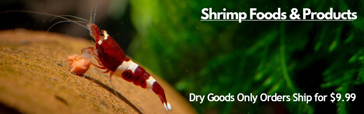 A red and white shrimp happily eating its food on a natural looking background with a label 'Shrimp Foods and Products' on the top right corner.